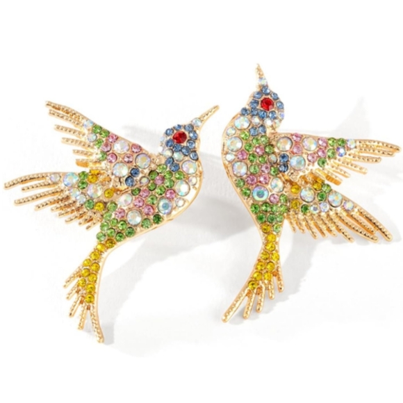 Multicolor Bird Rhinestone Earrings Gold Hummingbird CZ Pave Crystal Birds Posts - Picture 9 of 13